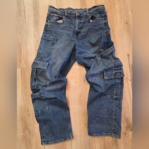 American Eagle Super High Waisted Baggy Straight Cargo Jeans Sz 14R